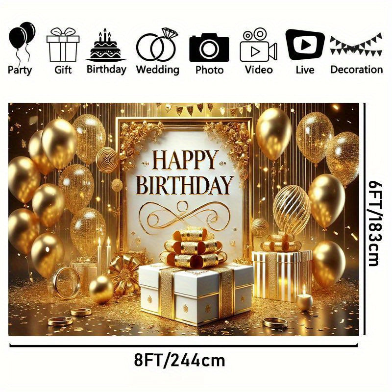 Luxurious Golden-Themed Happy Birthday Backdrop - 243.84x182 cm