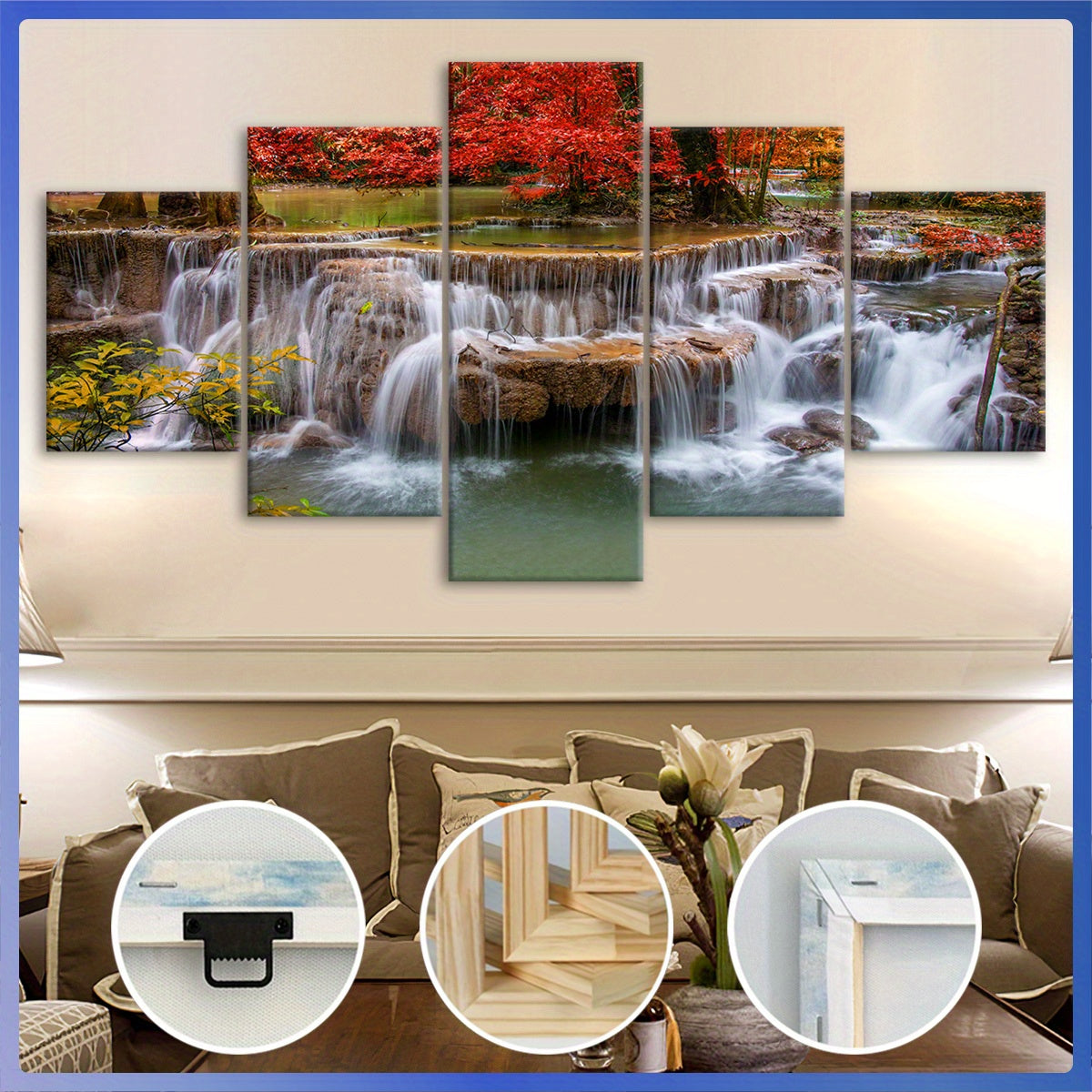 Wooden Framed Canvas, Jungle And Stream Theme Poster - 5pcs