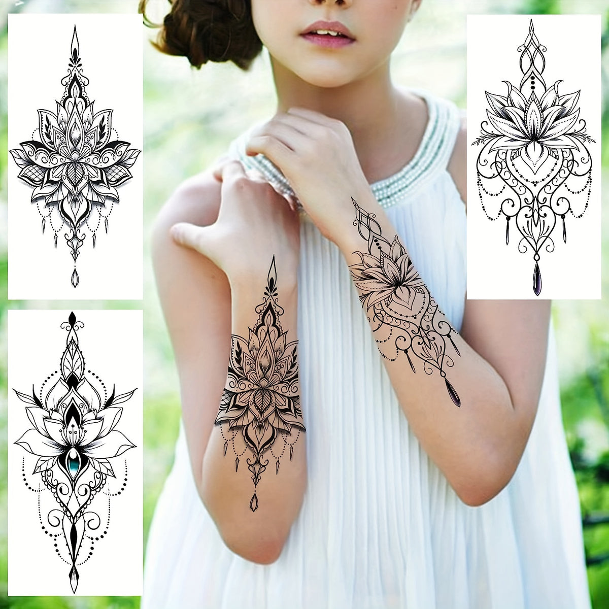 Black Henna Lotus Temporary Tattoos - Tribal Lace - 10 Sheets