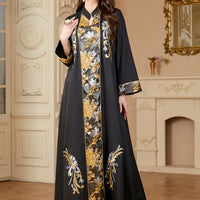 Elegant Black Maxi Dress with Sequin Embroidery & Color Block Design - Long Sleeve, Stand Collar, Polyester - Machine Washable