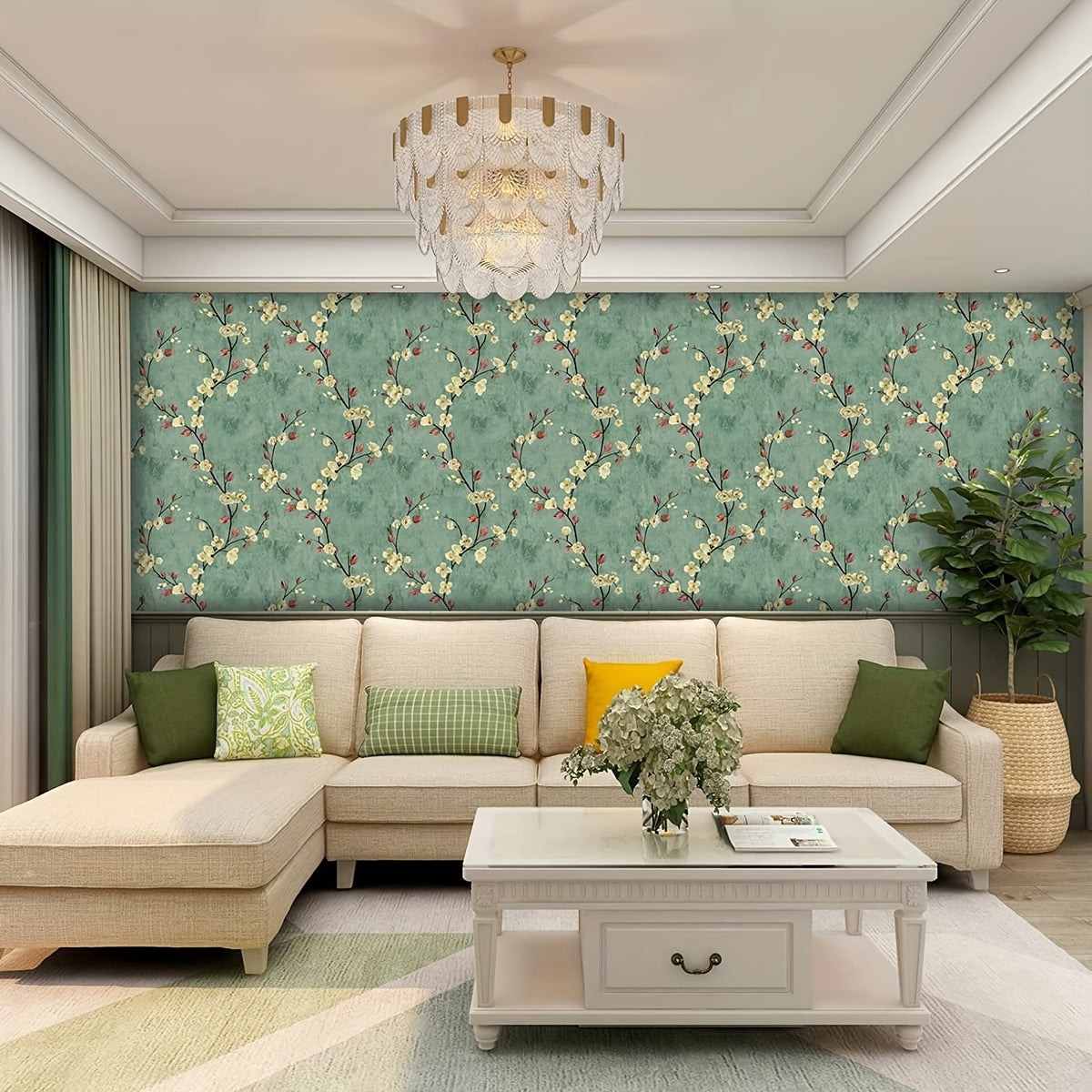 Self-Adhesive Wallpaper, Retro Green Plum Blossom Branch Pattern