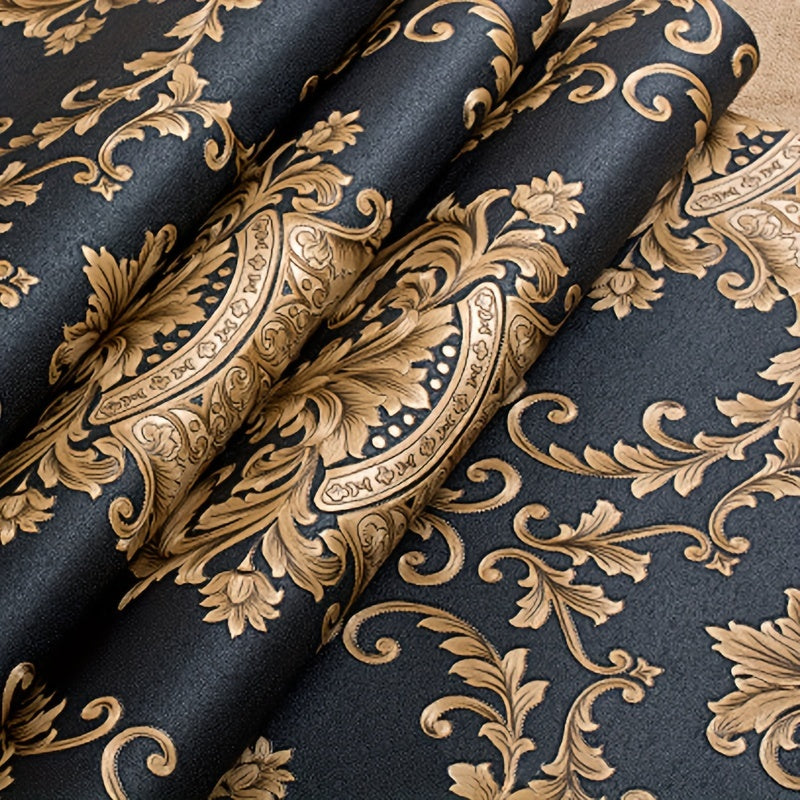 Luxury Black & Golden 3D Damask Embossed Wallpaper