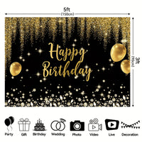 Luxurious Black & Golden Happy Birthday Backdrop with Diamond Balloons and Glitter - Polyester Photography Background for Indoor/Outdoor Parties, 152.4x91.44cm/213.36x152.4cm/243.84x182.88cm