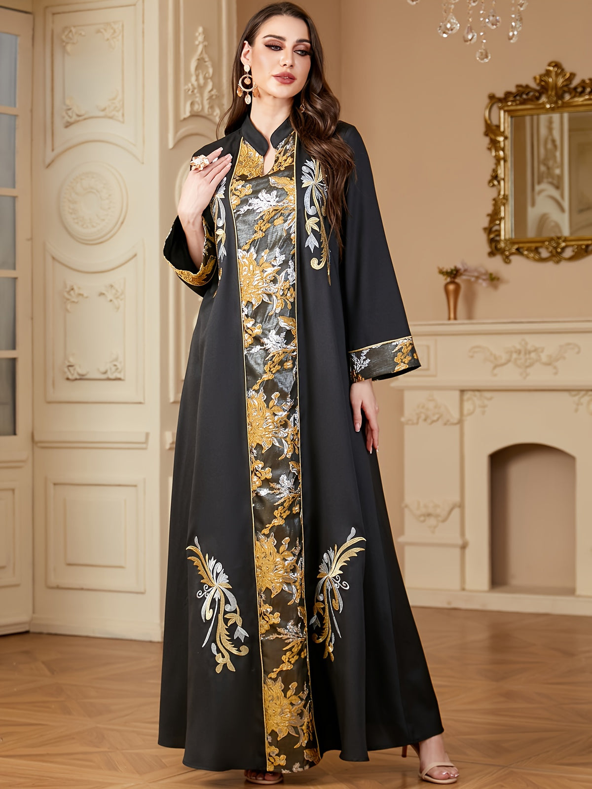 Elegant Black Maxi Dress with Sequin Embroidery & Color Block Design - Long Sleeve, Stand Collar, Polyester - Machine Washable