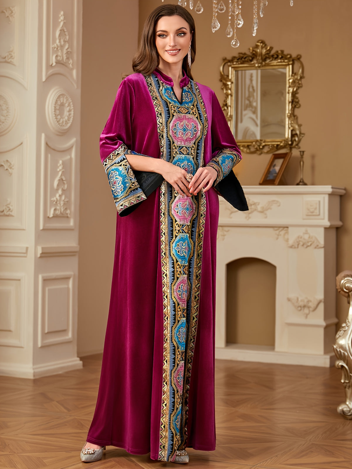 Women's Autumn and Winter Fashion V-Neck Elegant Retro Patchwork Solid Color Loose Arabic Long Dress