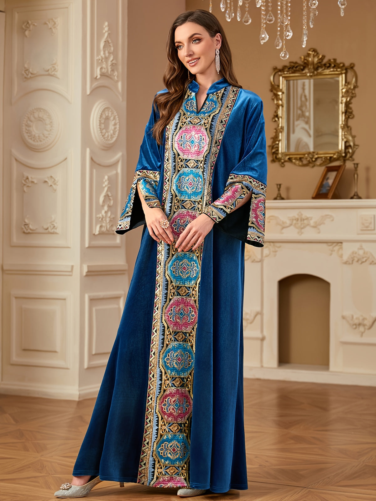 Women's Autumn and Winter Fashion V-Neck Elegant Retro Patchwork Solid Color Loose Arabic Long Dress