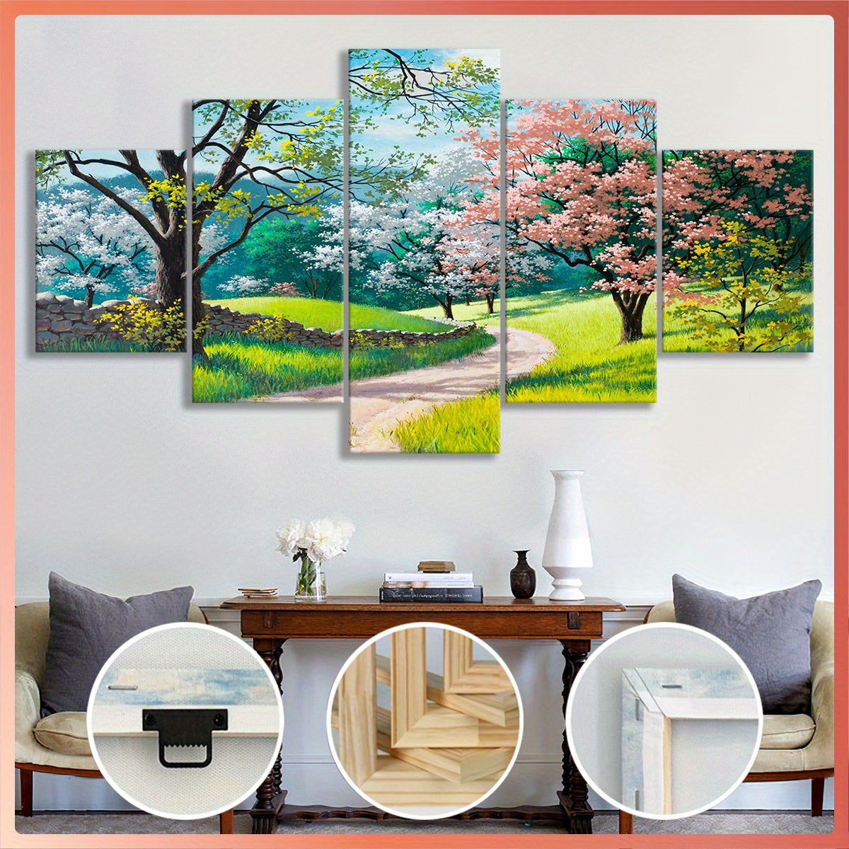 Frame Spring Tree Scenery Canvas Poster, Five Panel Scene Art