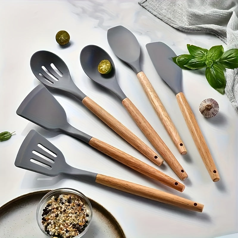 Silicone Kitchen Utensil Set with Wooden Handles