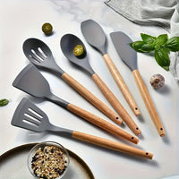 Silicone Kitchen Utensil Set with Wooden Handles