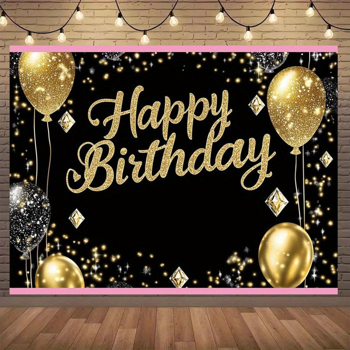 Luxury Black & Golden Happy Birthday Backdrop, Polyester Party Decor with Diamond Balloons & Sparkles, Versatile Indoor/Outdoor Celebration Banner for Weddings, Birthdays & More, No Electricity Needed