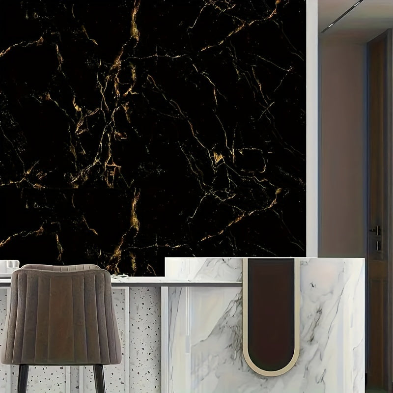 1 Roll Black Gold Marble Textured Self-Adhesive Waterproof Wallpaper, Heat-Resistant Kitchen Wall Covering, Easy Peel & Stick Vinyl Film for Furniture/Tabletop/Room Decor Renovation