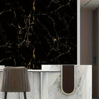 1 Roll Black Gold Marble Textured Self-Adhesive Waterproof Wallpaper, Heat-Resistant Kitchen Wall Covering, Easy Peel & Stick Vinyl Film for Furniture/Tabletop/Room Decor Renovation