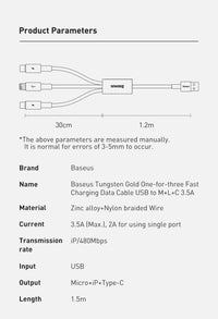 Baseus 3 in 1 USB Cable - Fast Charging USB Type C