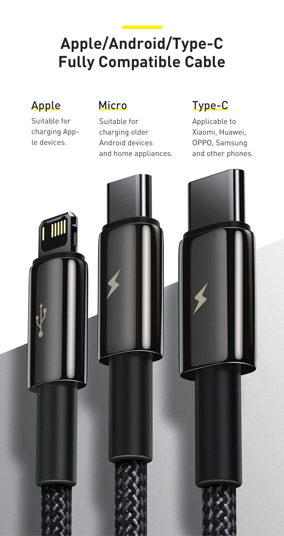 Baseus 3 in 1 USB Cable - Fast Charging USB Type C