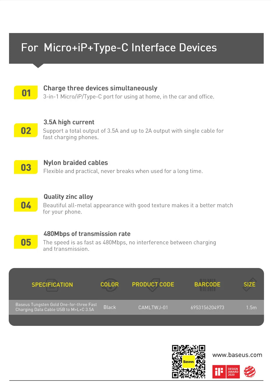 Baseus 3 in 1 USB Cable - Fast Charging USB Type C