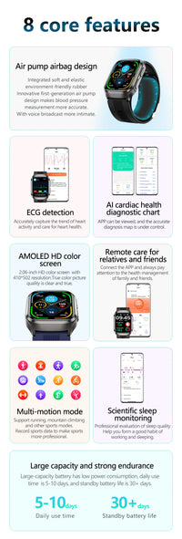 New Nursing Grade Air Pump Airbag Accurate Measure ECG Uric acid Smart Watches Men Blood Pressure Fitness Sport Smart Watch Man