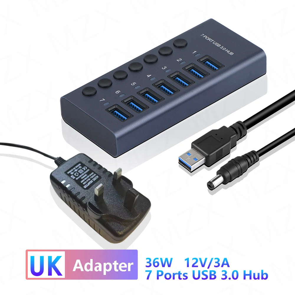 MZX 10/7/4 Port Aluminum USB 3.0 Hub A 3 0 Multi Splitter Concentrator Multiple Extension Hub Switch Power Adapter for PC Laptop