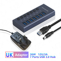 MZX 10/7/4 Port Aluminum USB 3.0 Hub A 3 0 Multi Splitter Concentrator Multiple Extension Hub Switch Power Adapter for PC Laptop