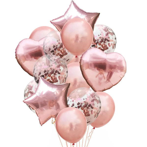 10/14pcs Mix Pink Rose Balloons Heart Star RoseGold Confetti Balloon Birthday Party Decorate Kids Adult Air Balls Wedding Globos