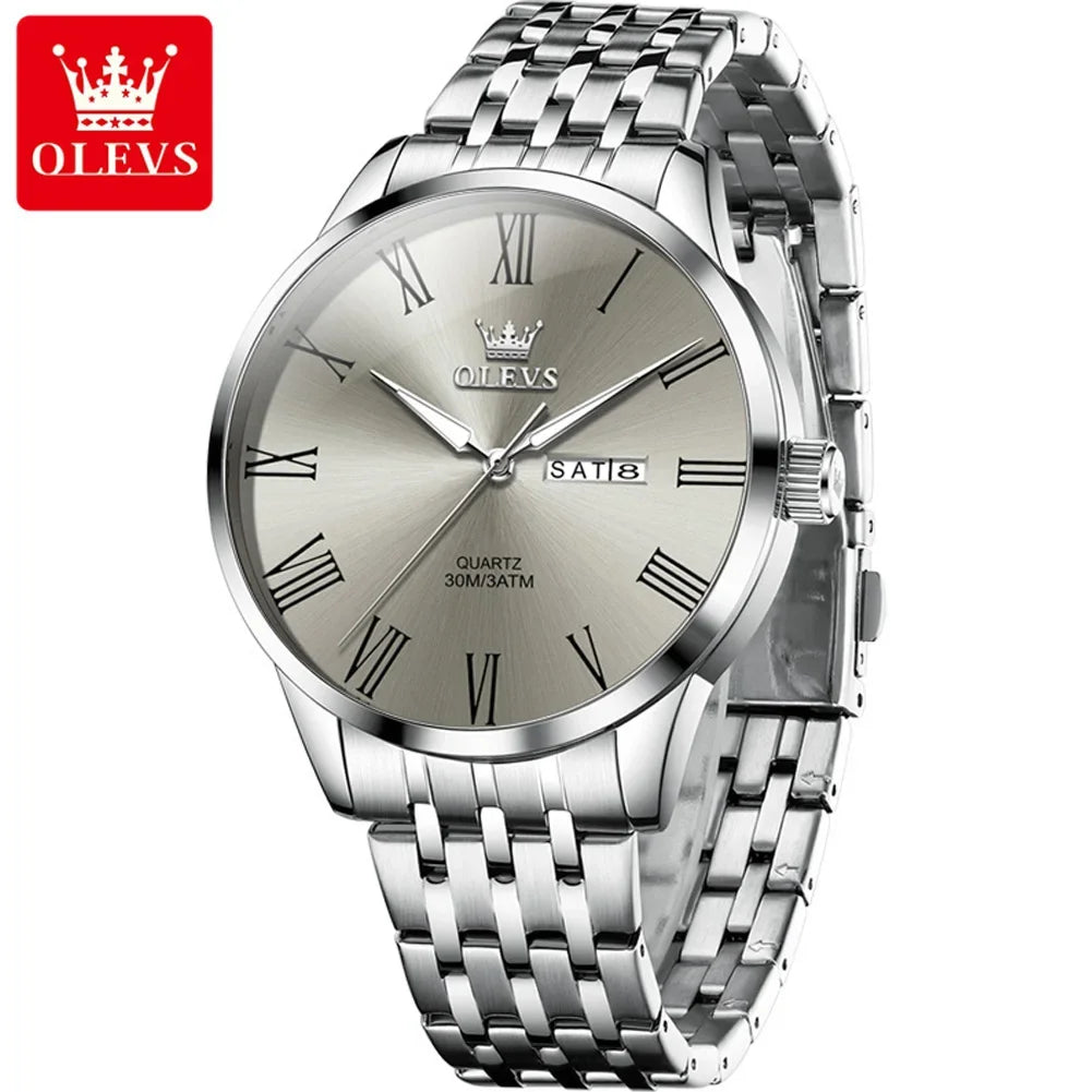OLEVS Business Minimalist Stainless Steel Watch Man Luxury Luminous Hands Roman Scale Calendar Waterproof Quartz Watches for Men
