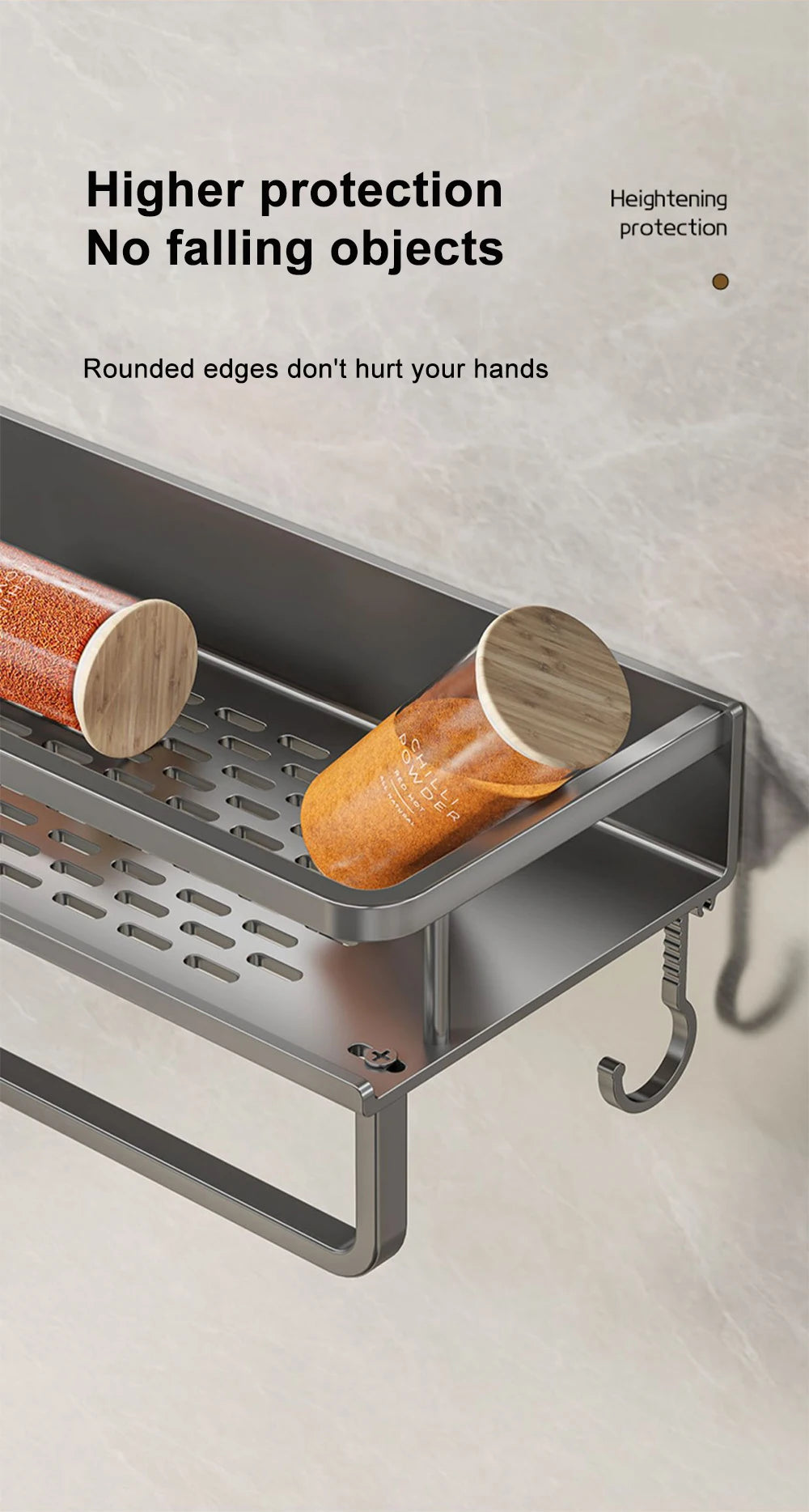 1/2Pcs No Punch Spice Rack Wall Mounted Kitchen Spice Organizer with Hook Rod Seasoning Rack Spice Shelf Bathroom Kitchen Shelf