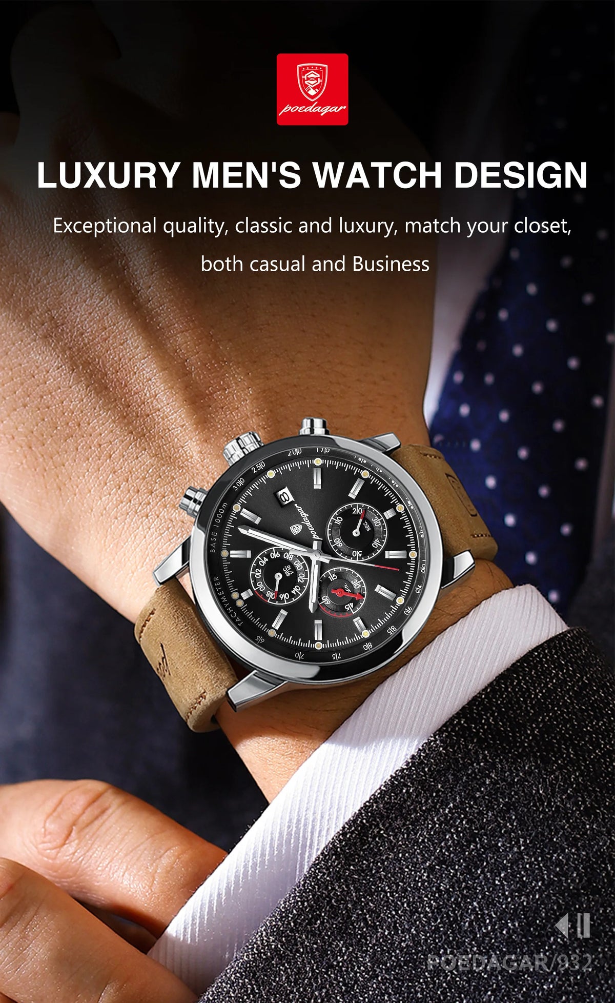 POEDAGAR Luxury Wristwatch for Man Waterproof Luminous Chronograph Date Men Watch Sports Leather Men's Quartz Watches Male reloj