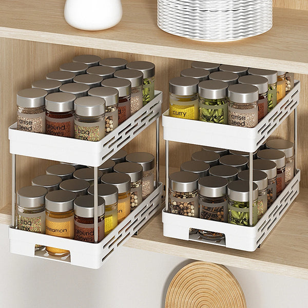 WORTHBUY Double Layer Pull-Out Seasoning Bottle Spice Rack Multifunctional Drawer Cabinet Plastic Storage Rack Kitchen Organizer