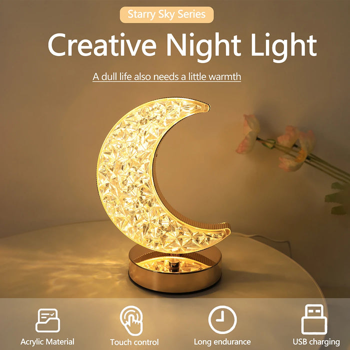 LED moon crystal desk lamp USB charging touch three color small night light, bedroom bedside decoration atmosphere light gift