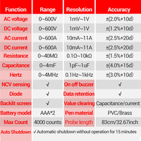 PN200 AC DC 0-600A Multimeter 4000 Counting Electrician Multi-FunctionDigital Clamp Meter Capacitance Resistance Current Tester