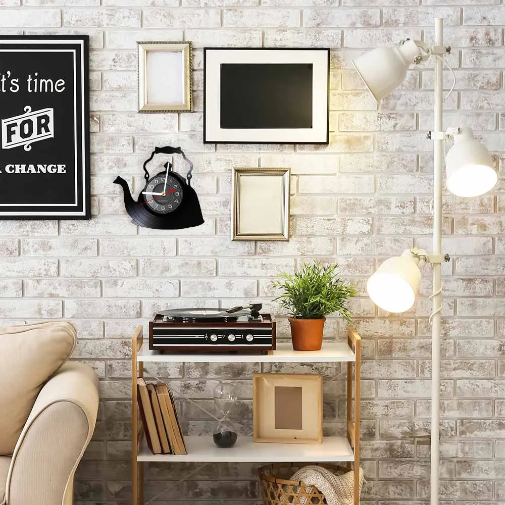 Modern Kitchen Artwork Teapot Wall Clock Tea Room Wall Decor Teapot Retro Vinyl Record Wall Clock Kitchen Decorative Wall Watch