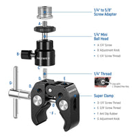Neewer Crab Clamp Articulated Mini Ball Head, Super Clamp Mic Mount with 1/4" to 5/8" Thread For Camera Cage and Microphones