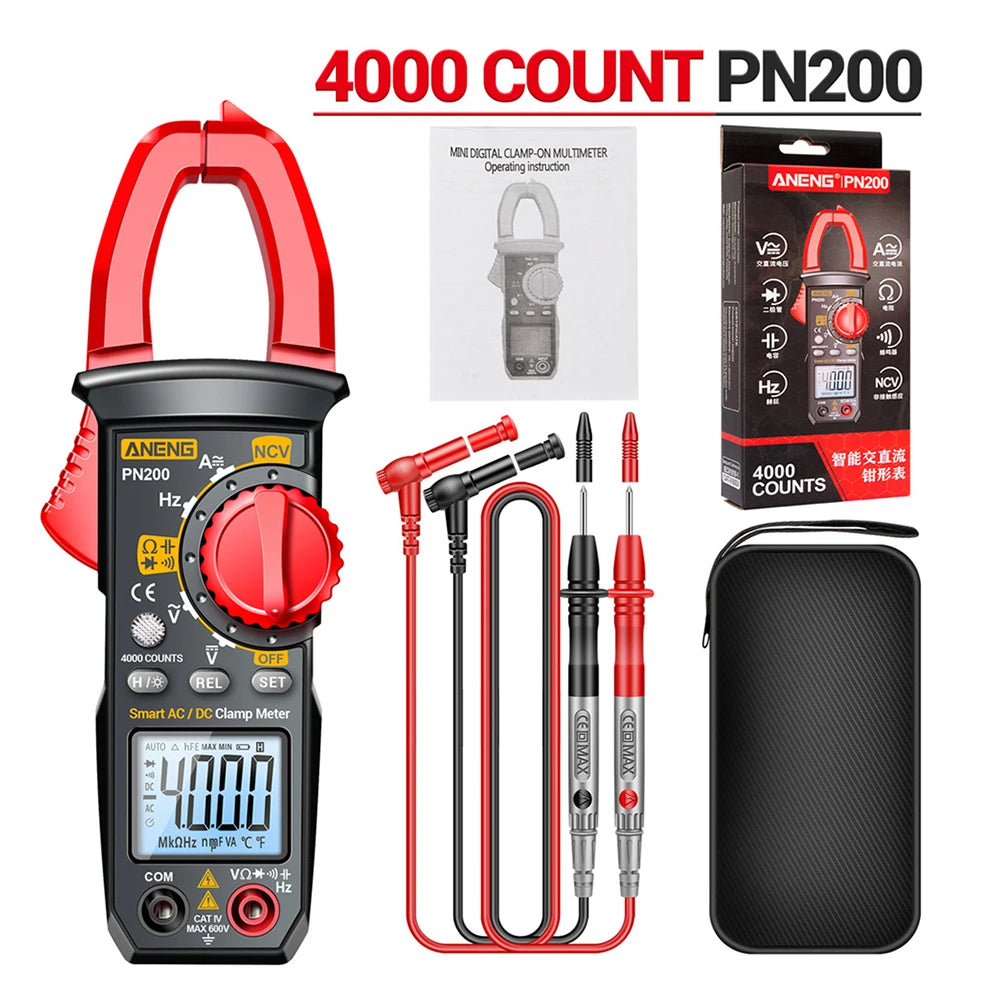PN200 AC DC 0-600A Multimeter 4000 Counting Electrician Multi-FunctionDigital Clamp Meter Capacitance Resistance Current Tester