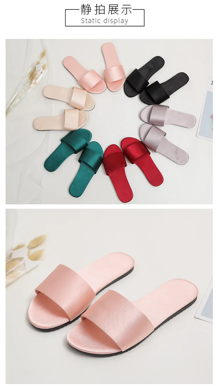 Summer New Home Slippers Fashion Flat Casual Satin Simulation Silk Slippers Indoor Non-slip Peep Toe Slides Wedding  Flip Flops