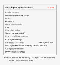 Led Work Light COB Floodlight 8000LM Rechargeable Lamp Use 2*18650 Battery Led Portable Magnetic Light Hook Clip Waterproof