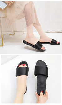 Summer New Home Slippers Fashion Flat Casual Satin Simulation Silk Slippers Indoor Non-slip Peep Toe Slides Wedding  Flip Flops