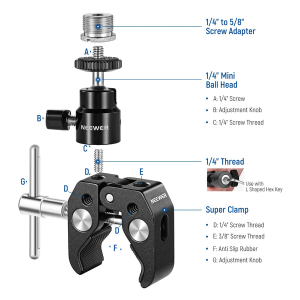 Neewer Crab Clamp Articulated Mini Ball Head, Super Clamp Mic Mount with 1/4" to 5/8" Thread For Camera Cage and Microphones