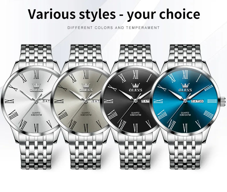OLEVS Business Minimalist Stainless Steel Watch Man Luxury Luminous Hands Roman Scale Calendar Waterproof Quartz Watches for Men
