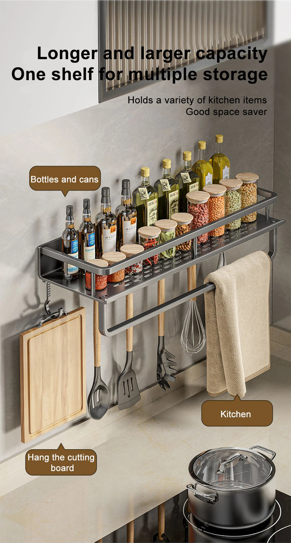 1/2Pcs No Punch Spice Rack Wall Mounted Kitchen Spice Organizer with Hook Rod Seasoning Rack Spice Shelf Bathroom Kitchen Shelf