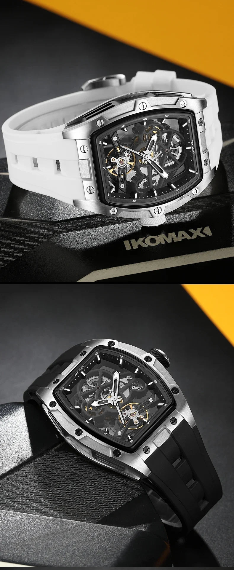 MEGIR Men's Automatic Mechanical Watch with Stainless Steel Case Silicone Band Skeleton Dial Waterproof Sport Wristwatch