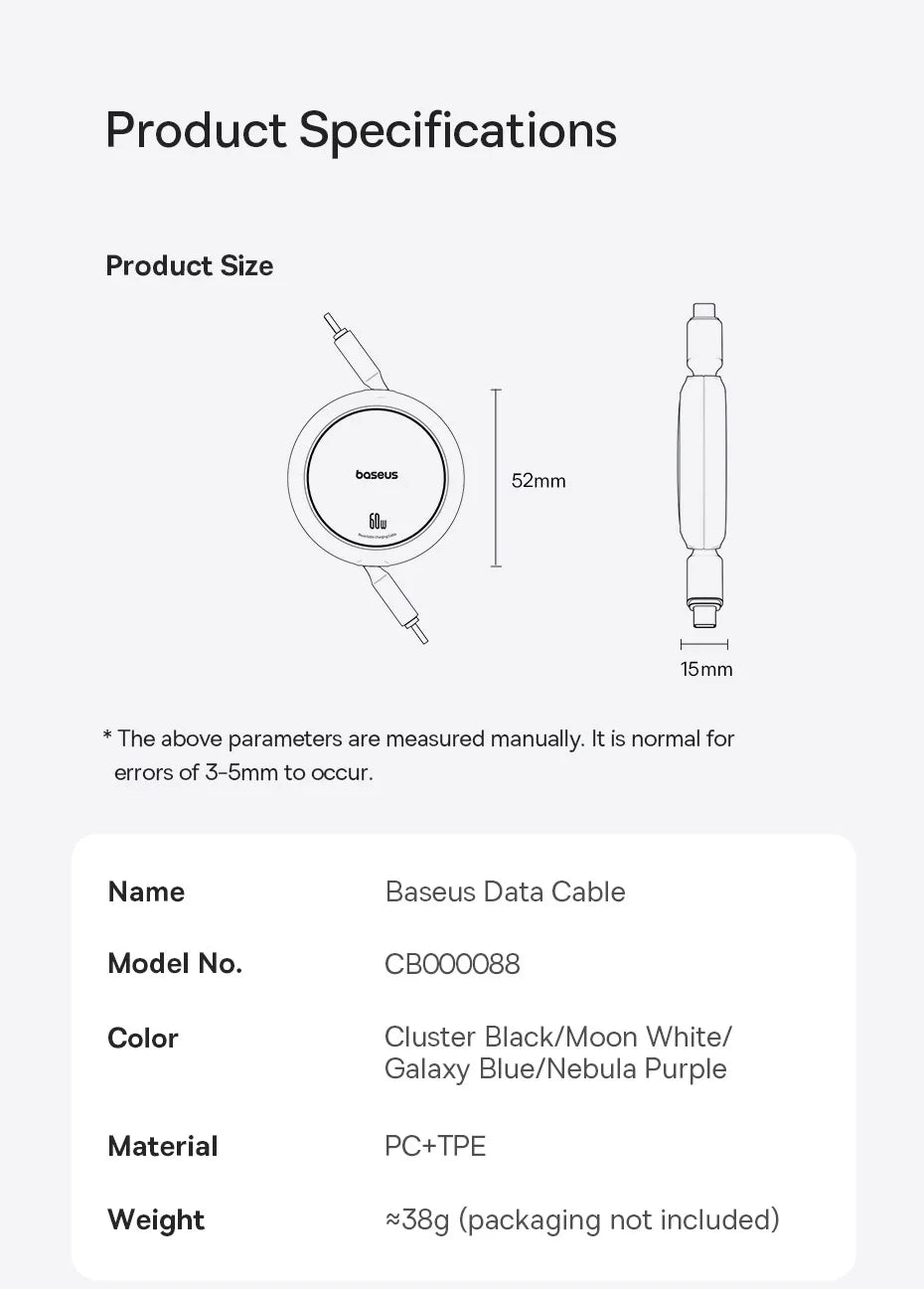 Retractable Charging Cable 60W USB C Charge Cable