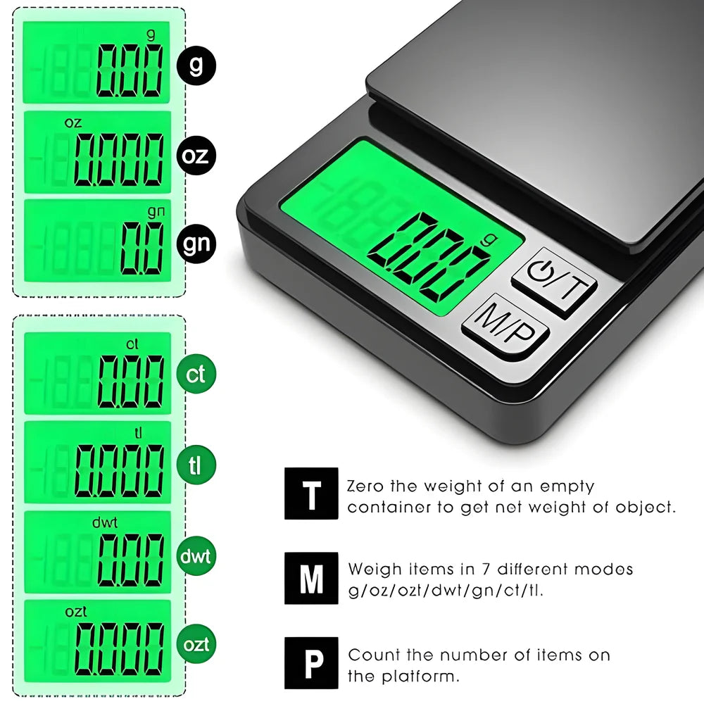 Precision Pocket Scale 1000g X 0.1g - Digital Gram Food Jewelry Ounces/Grains Scale with Backlit LCD - Mini Scale for Travel