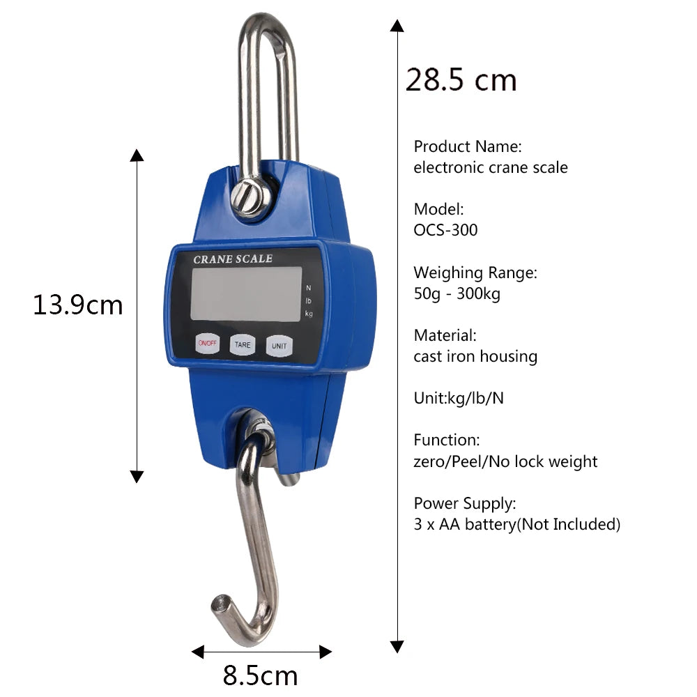 Portable Electronic Digital Crane Scale Weight 300 kg Stainless Steel Heavy Duty Hanging Hook Scales