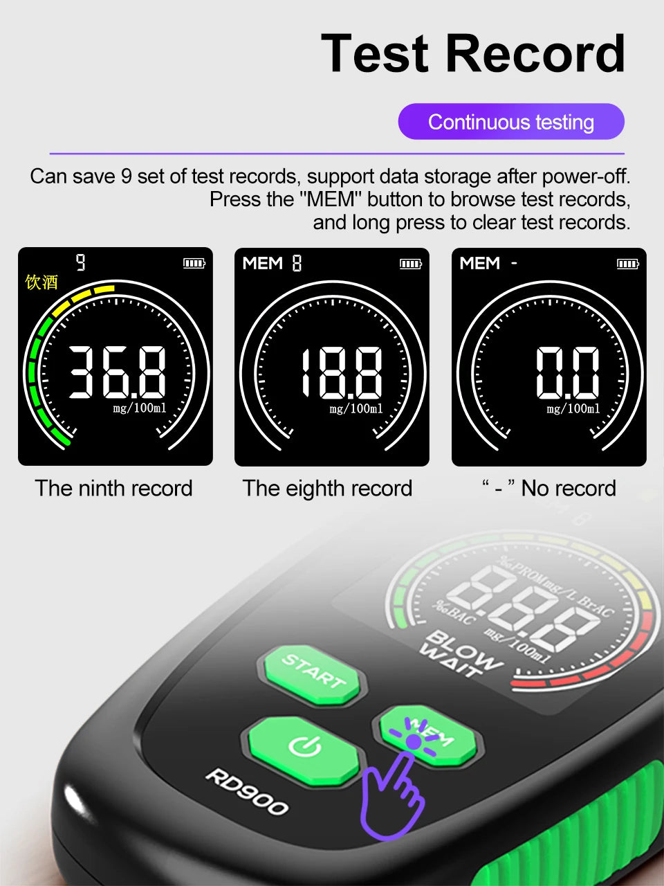 R&D RD900 Alcohol Tester Rechargeable Digital Breath Tester Breathalyzer Gas Alcohol Detector for Personal & Professional Use