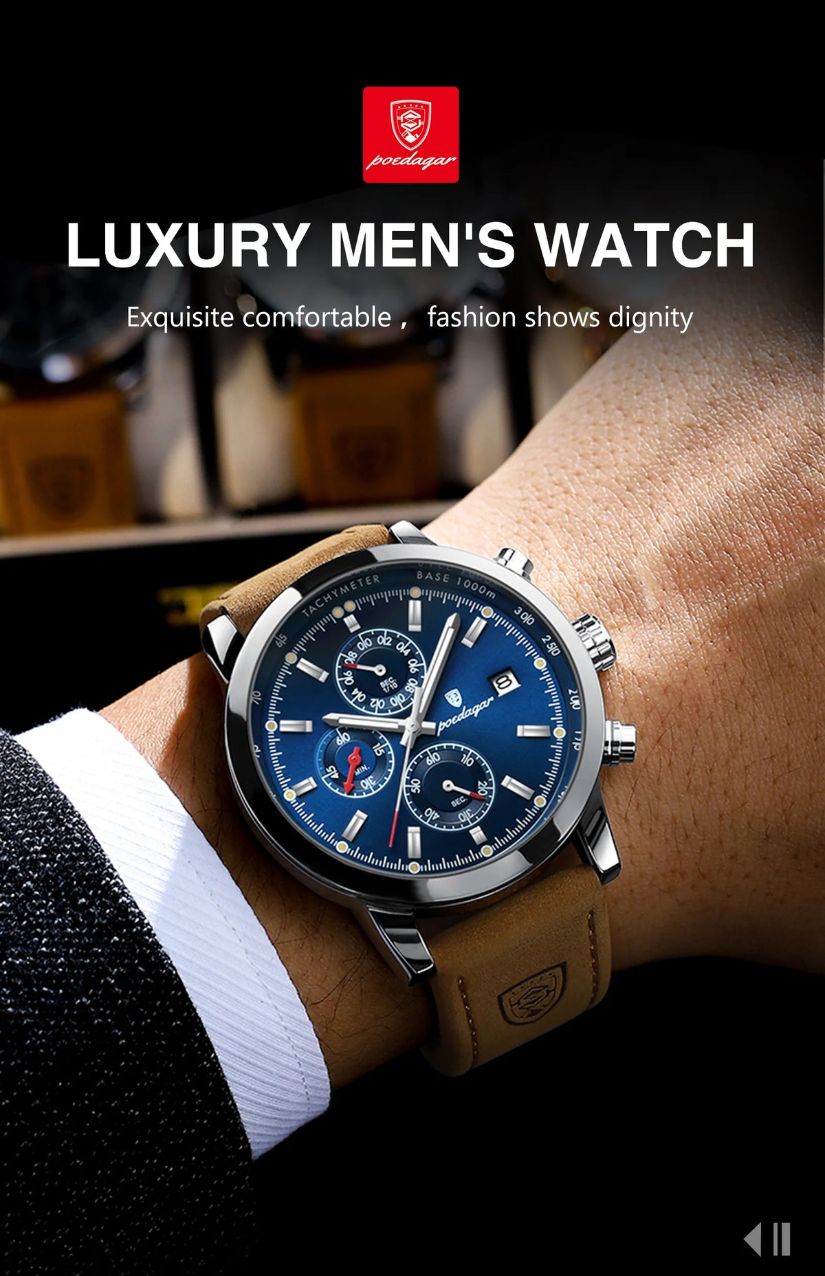 POEDAGAR Luxury Wristwatch for Man Waterproof Luminous Chronograph Date Men Watch Sports Leather Men's Quartz Watches Male reloj