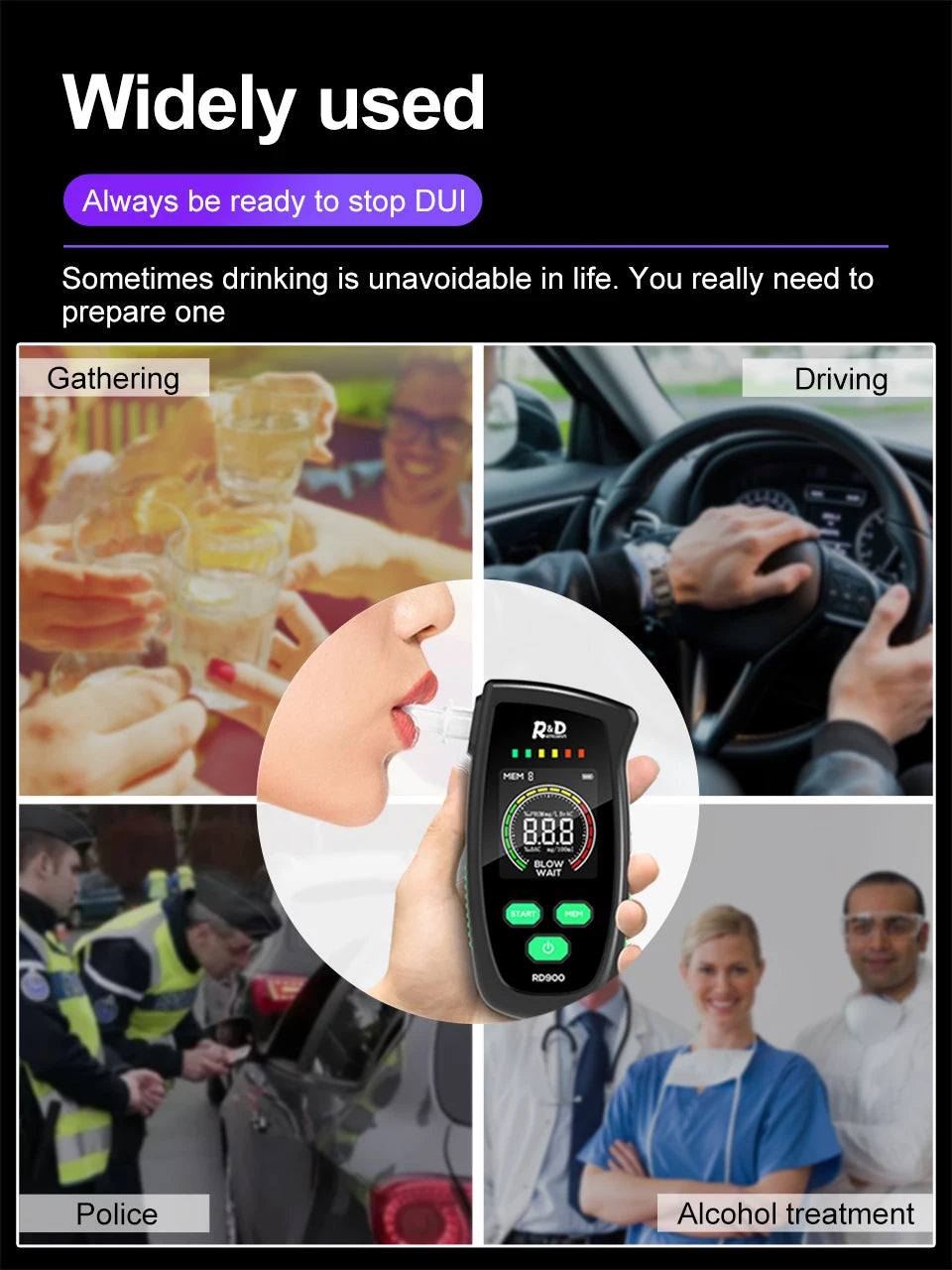 R&D RD900 Alcohol Tester Rechargeable Digital Breath Tester Breathalyzer Gas Alcohol Detector for Personal & Professional Use