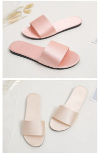 Summer New Home Slippers Fashion Flat Casual Satin Simulation Silk Slippers Indoor Non-slip Peep Toe Slides Wedding  Flip Flops