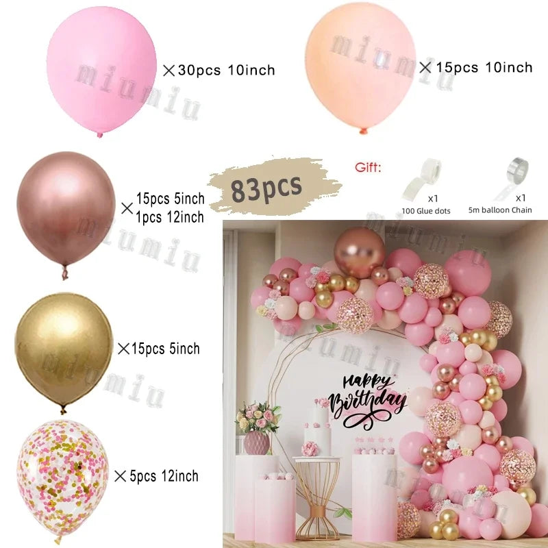 Macaron Pink Balloon Garland Arch Kit Kids Happy Birthday Metal Rose Gold Confetti Balloons Wedding Party Baby Shower Decoration