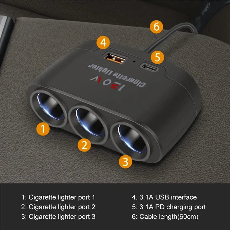 PD QC3.0 Dual USB Socket 120W Car Cigarette Lighter Splitter 12V 24V Fast Charger Plug Phone Power Adapter for Car DVR Dashcam