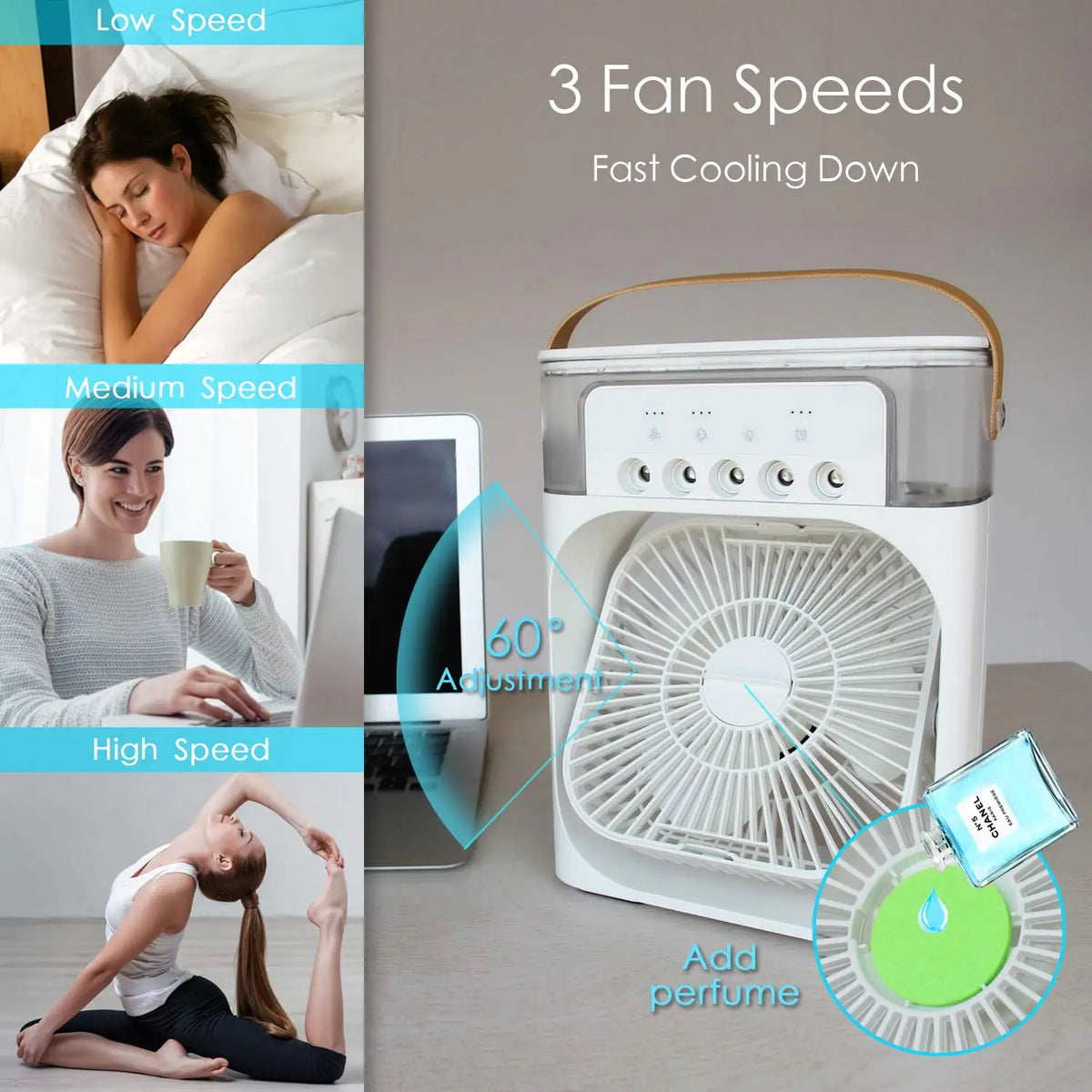 OREADEX 3 In 1 Fan AIr Conditioner Household Small Air Cooler LED Night Light Portable Humidifier Adjustment Fan Office Home Fan