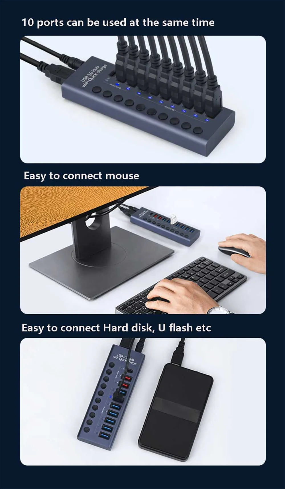 MZX 10 7 4 Port USB Hub 3.0 Aluminum A 3 0 Multi-hub Splitter Concentrator Dock Multiple Extensor Switch Adapter Docking Station